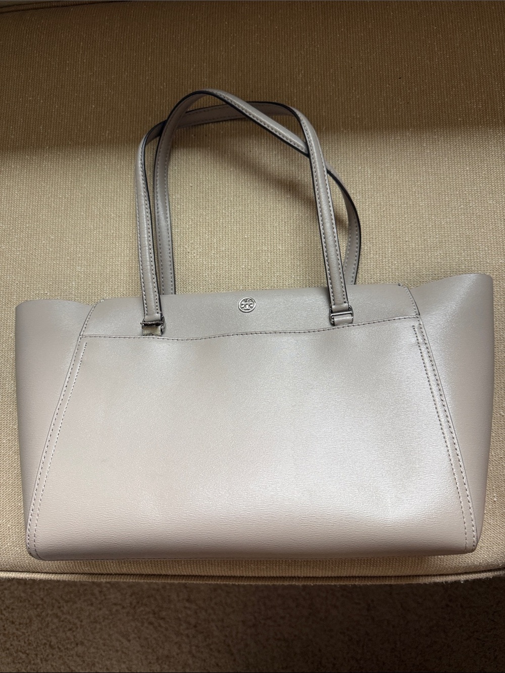 Tory Burch Pebbled Leather Double-Handle Tote in Light Gray